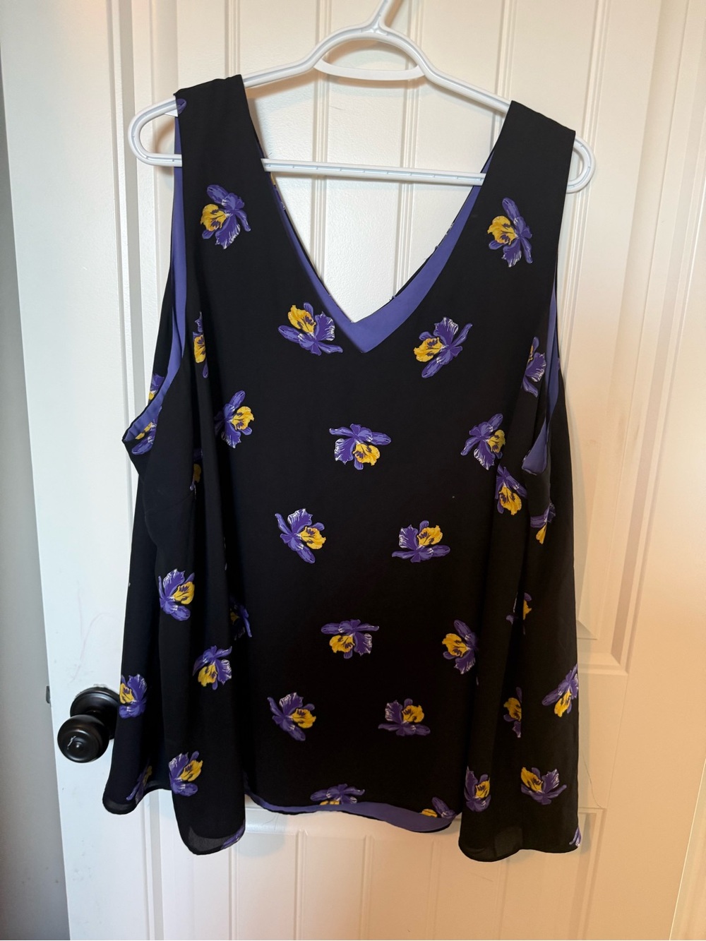 Women's Black Floral V-Neck Top - Purple & Yellow Print